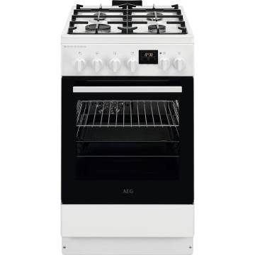 Aragaz AEG CKB56490BW, Mixt, 4 arzatoare , Siguranta plita, Aprindere integrata, Gratare fonta, Cuptor electric, SteamBake, AirFry, Timer, Grill electric, Clasa A, 50 cm, Alb