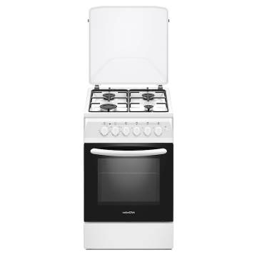 Aragaz Nobeltek NLT 5604A/E1, plita gaz si cuptor electric, ventilator, aprindere electrica plita, siguranta plita, iluminare cuptor, echipat cu diuze GN, diuze GPL de schimb, capac tabla, Alb