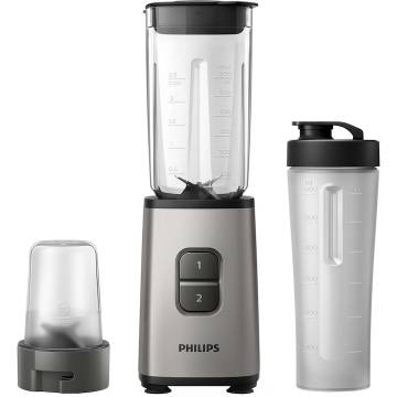 Mini blender Philips HR2604/80, 350 W, 1 L, 2 viteze, recipient on-the-go, Gri/Negru