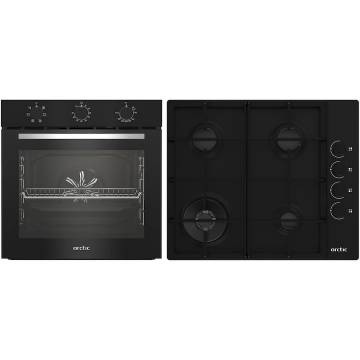 Pachet Cuptor incorporabil Arctic ARSE11130BD, 71 l, Electric, 6 functii, AquaDropClean, Grill, Timer, Clasa A + Plita incorporabila, Gaz, 4 Arzatoare, Aprindere electrica, Wok, 60 cm, Negru