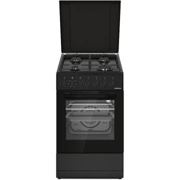 Aragaz mixt HEINNER HFSC-S60LITGC-BK, 4 arzatoare, Suport email, Capac metalic, Arindere electrica plita, Dispozitiv de siguranta plita, Cuptor electric, Clasa A, 7 functii, Timer, Grill, Ventilatie, Duze GPL incluse, Negru