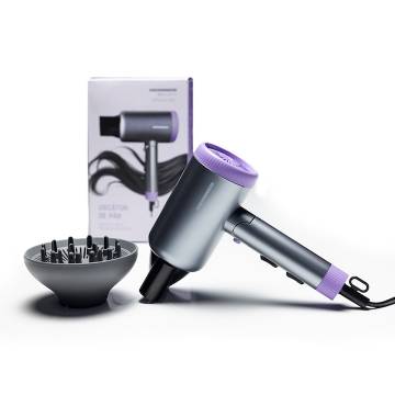 Uscator de par Heinner HHD-R20DC-GYV, Motor DC, 1700-2000 W, 2 trepte de putere, 3 setari de temperatura, Ionizare, Functie aer rece, Maner pliabil, Accesoriu: concentrator, Gri si mov