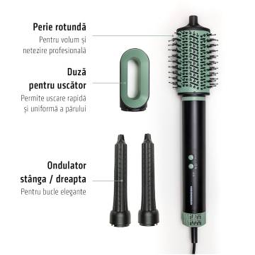 Aparat de coafat profesional Heinner HAS-R15BLDC-BK4, Motor BLDC, 1500 W, 2 trepte de putere, 3 setari de temperatura, Functie auto curatare, Ionizare, Functie aer rece, ondulator stanga, ondulator dreapta, perie rotunda mare, uscator, Negru cu verde