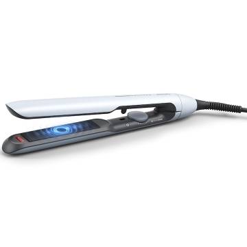 Placa de indreptat parul Philips Prestige BHS520/00, tehnologie ThermoShield, placi infuzate cu ulei de argan, 230°C, ingrijire ioni, 12 setari temperatura, husa termorezistenta, Albastru deschis