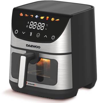 Friteuza cu aer cald Daewoo DAF1600IX, 1600 W, display LED, capacitate 6.5 litri, 60 minute utilizare continuă, 8 programe predefinite, temperatura reglabila 80-200 grade Celsius, finisaje inox, negru