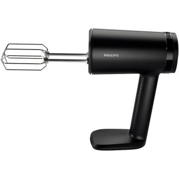 Mixer de mana Philips seria 5000,HR3781/00, 500W, 5 viteze plus functie turbo, Pornire lina, Ecran LED, Design cu raza mare de actiune, Carlige din otel inoxidabil pentru aluat, Palete de sarma din otel inoxidabil, Negru