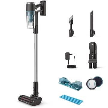 Aspirator vertical fara fir Philips XC3133/01 seria 3000, autonomie 60 min, cap de aspirarea Aqua, motor digital, cap de aspirare cu led, sistem de filtrare în 3 etape, baterie detaşabilă de 25,2 volţi, accesoriu spatii inguste, accesoriu 2in1