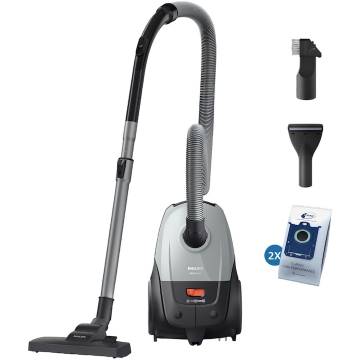 Aspirator cu sac Philips XD2142/12 seria 2000, putere 800W, sistem filtrare HEPA, cap de aspirare multifunctional, cablu 9m, 2x sac de 3l, accesoriu pentru mobila si par de animale, Duza pentru mobila 110m, Perie SuperTurbo, culoare: gri-negru