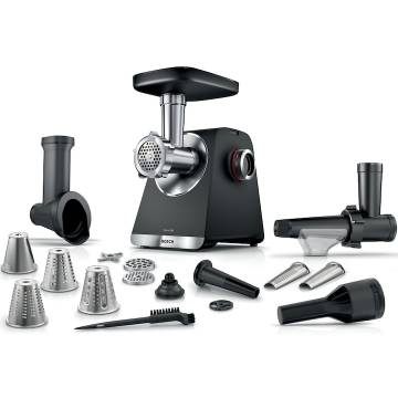 Masina de tocat Bosch MFWS660B, 2100W, 3.5kg/ min, 3 site, accesoriu suc de rosii, palnie carnati, accesoriu pt kebbe, cutit cu 2 taisuri, 4 accesorii de tocare, Negru/argintiu