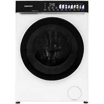 Masina de spalat rufe Daewoo DWD-DS9014, 9 kg, motor inverter, 1400 rpm, clasa A, 12 programe, butoane touch, panou de control negru cu pictograme mari colorate, usa dubla neagra cu inel cromat, culoare Alb