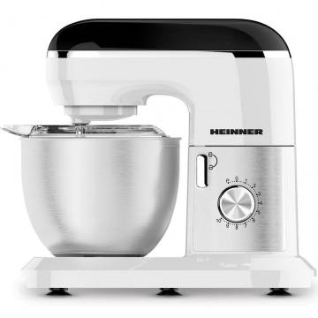 Mixer planetar Heinner HPM-1010WHBK, 1000 W, Bol inox 5 l, 10 viteze + pulse, Accesorii: tel, carlig framantare, paleta, capac transparent protectie, Alb
