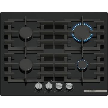 Plita incorporabila Bosch PPP6A6I40, Gaz, 4 arzatoare, Flame select, Gratar fonta, 60 cm, Sticla neagra