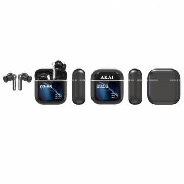 Casti wireless Akai BTE-J600BK AENC, ANC & ENC, 4 microfoane, Bluetooth 6.0, etui cu ecran TFT 2,01