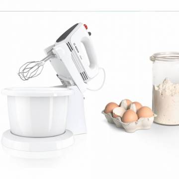Mixer cu bol Bosch MFQ2600G, 375 W, 4 trepte de viteza+turbo, 2 spirale, 2 teluri, Alb/Gri