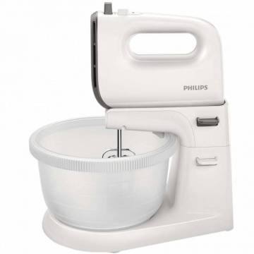 Mixer de mana Philips Viva Collection HR3745/00, 450 W, Bol actionare automata, 5 viteze, Functie Turbo, Alb/Gri