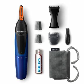 Trimmer pentru nas/urechi Philips NT5175/16, baterii, otel inoxidabil, 2 piepteni pentru sprancene, Negru/Albastru