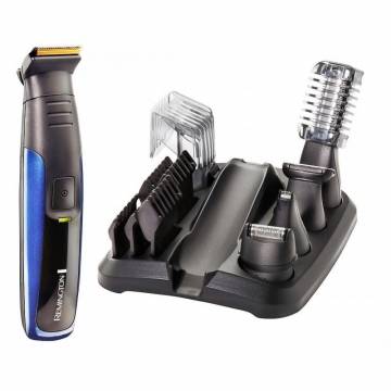 Set complet tuns facial si corporal Remington Groom Kit Lithium PG6160, Acumulatori Litiu, Lame auto-ascutire invelis Titan, Negru/Albastru