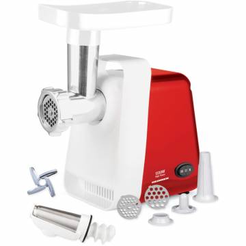 Masina de tocat Heinner MG-D1300RDTA, 1300W, accesoriu rosii si carnati, cutit inox, 2 site, Alb/Rosu